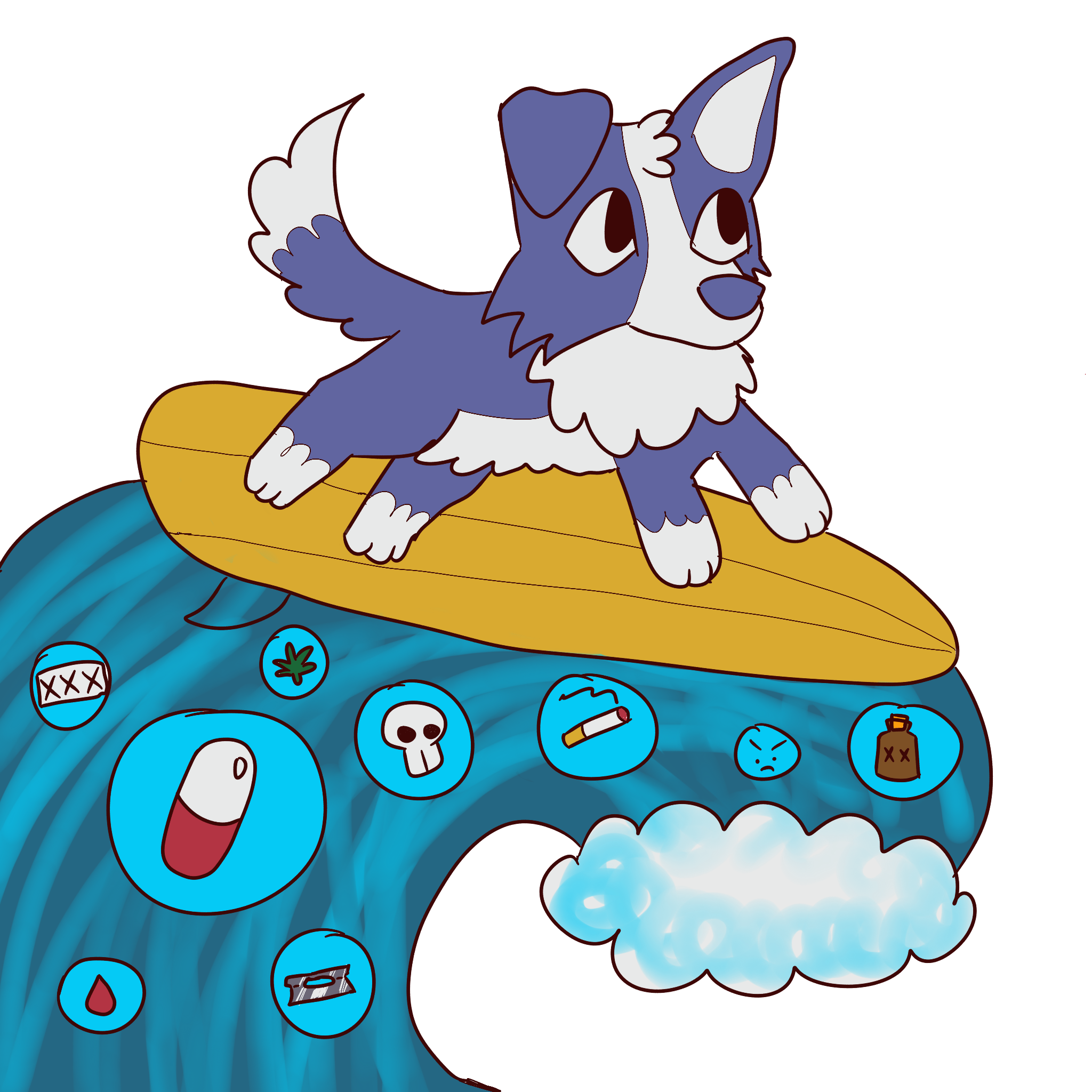 a blue dog surfing on top of a wave. In the wave there are various symbols for urges, like substances, unhealthy emotions, self injury, weapons, and explicit material.